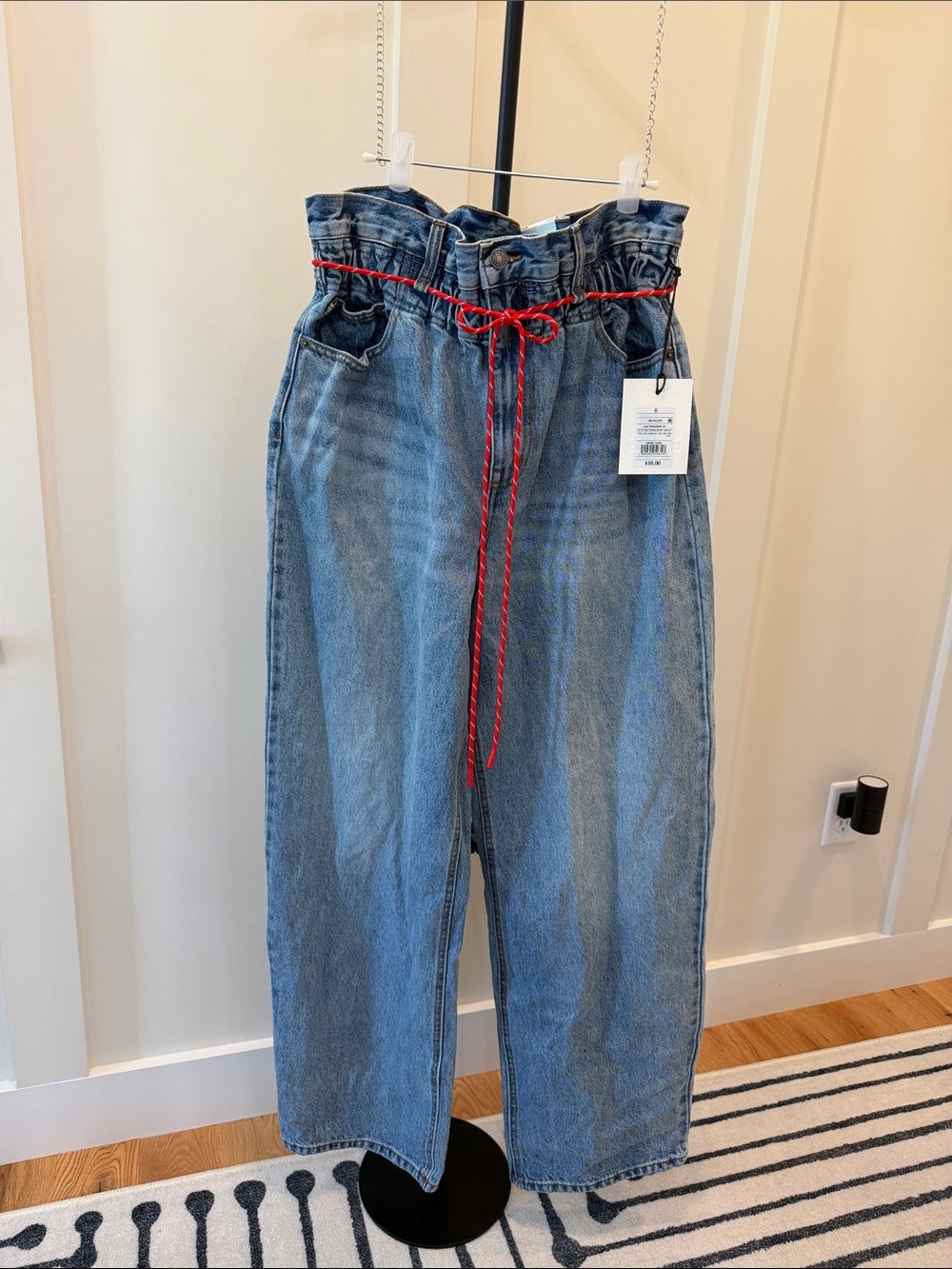 High-Rise Light Blue Barrel keg Paperbag Jeans with Red Drawstring #857